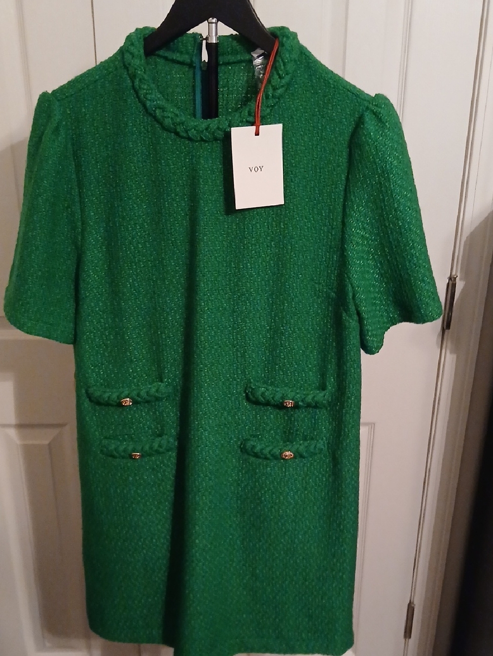 VOY Textured Green Tweed Shift Dress